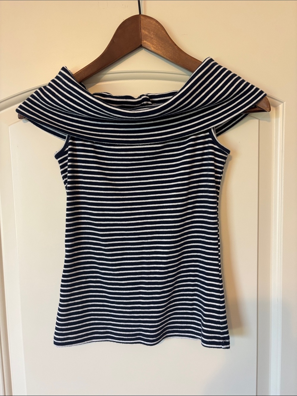 LOFT Striped Off-Shoulder Navy & White Fold Over Knit Top Size Small